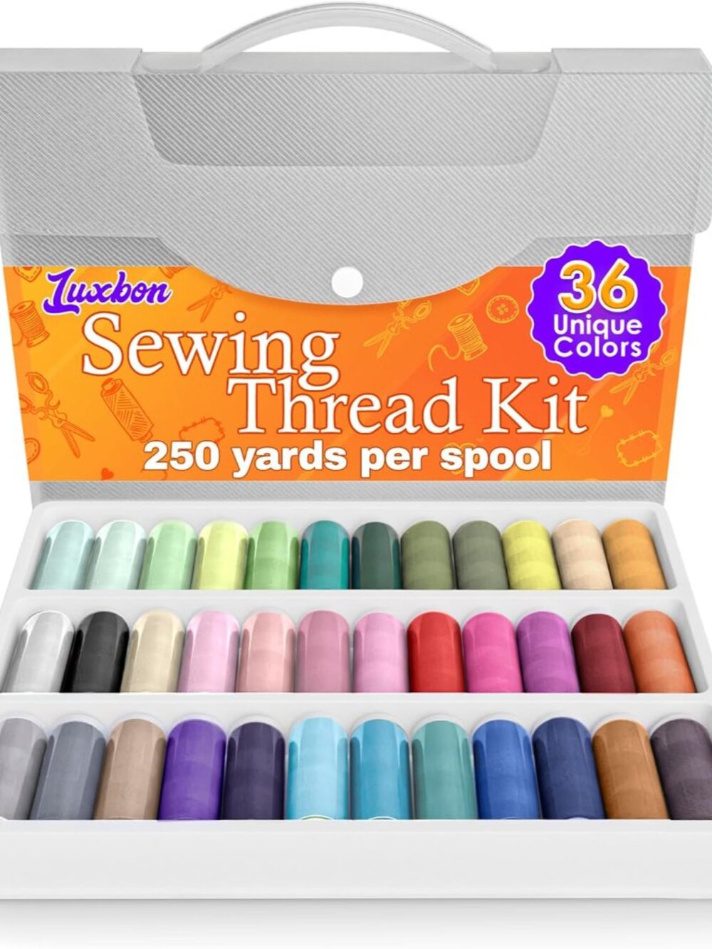 Sewing Thread Set, 36 Colors, 250 Yards Per Spool, Case Included
